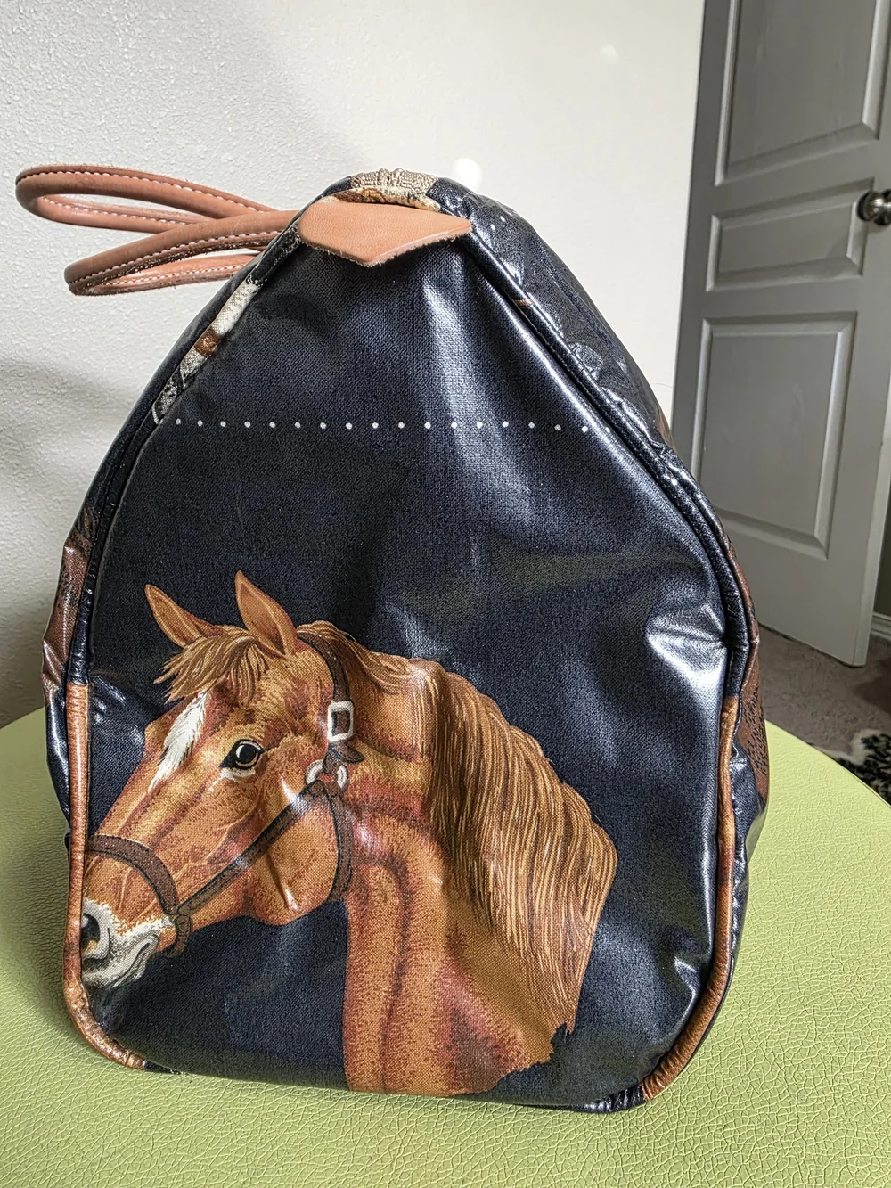 Vintage Equestrian Horse Print Hand Bag Navy Coated Vachetta Leather Handles